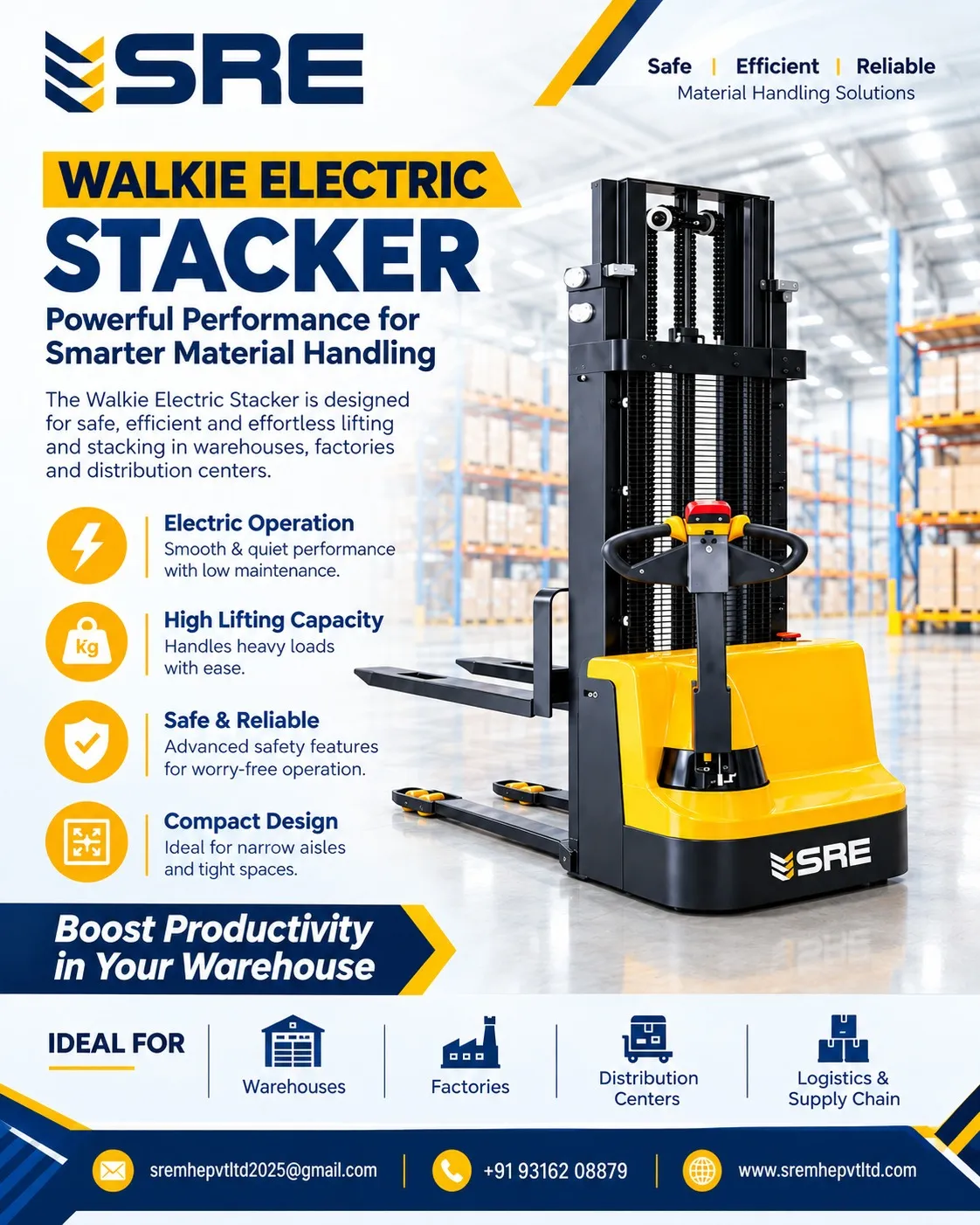 walkie electric stacker lifting a pallet in a warehouse